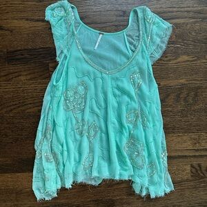 Free People mint green beaded babydoll top size Small